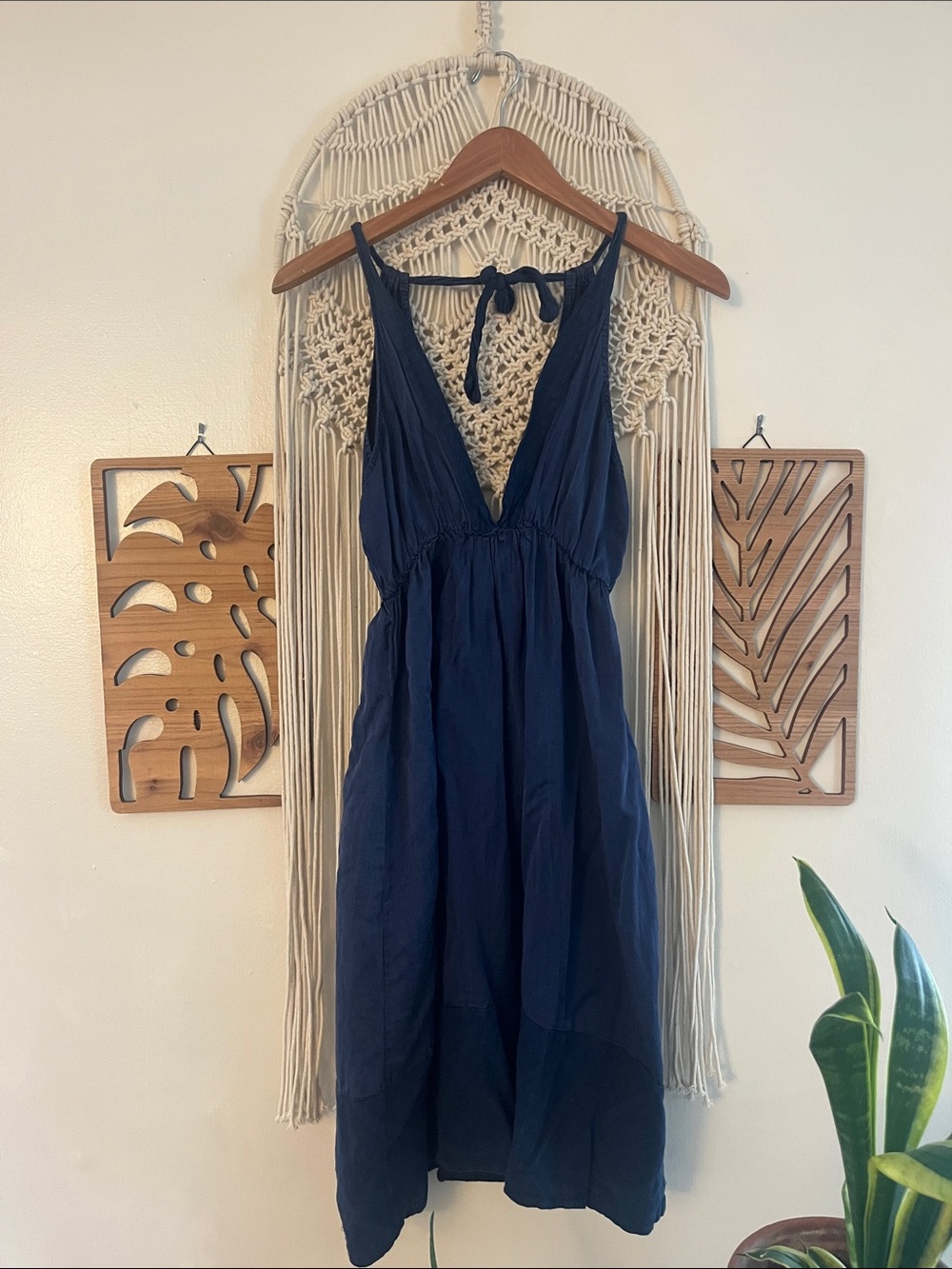Vintage Woolgroup Italy Cotton Silk Halter Dress Navy Blue Plunging V-Neck US 6